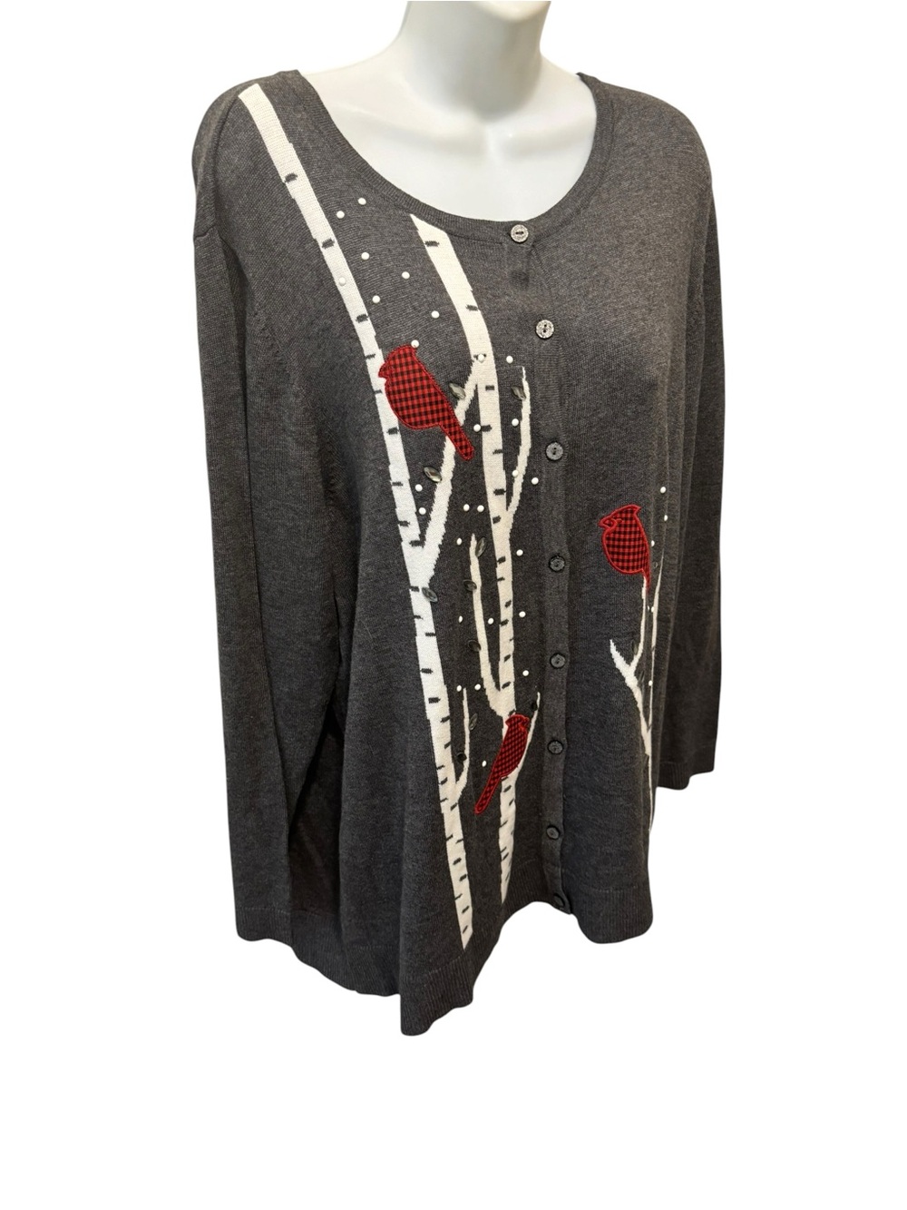 Grey Cotton Blend Cardigan White Birch Trees Plaid Cardinals Rhinestones Sz 2X - Picture 2 of 4